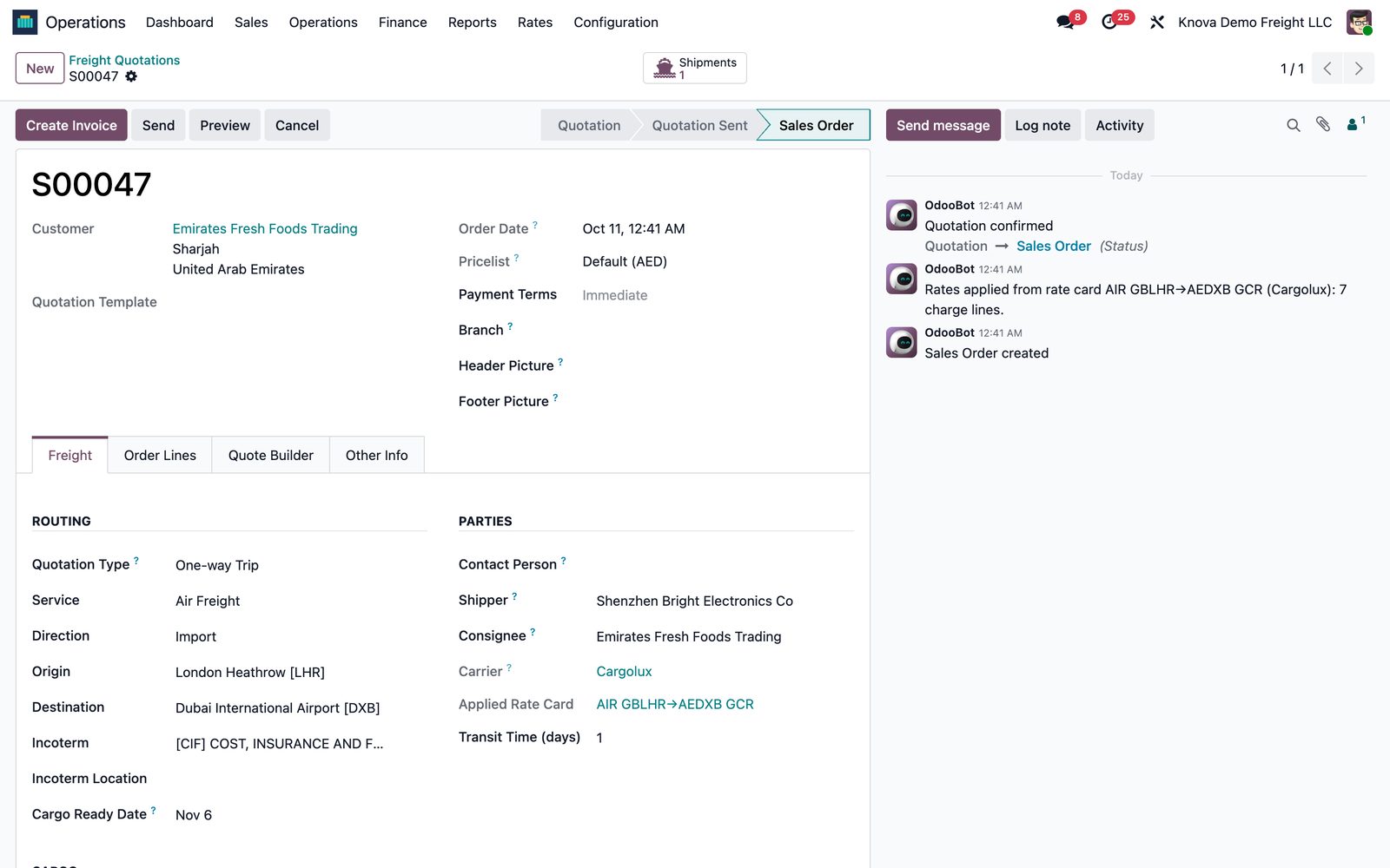 Odoo air freight quotation from London Heathrow to Dubai auto-priced from a rate card in Knova Freight