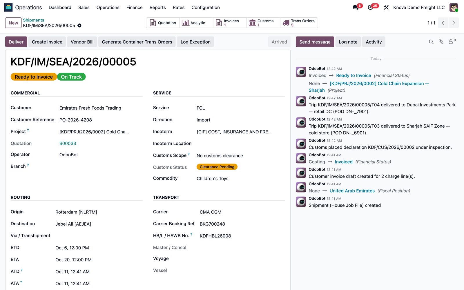 Knova Freight house shipment job in Odoo for an FCL sea import with HB/L number, carrier booking, ETD/ETA and customs clearance status