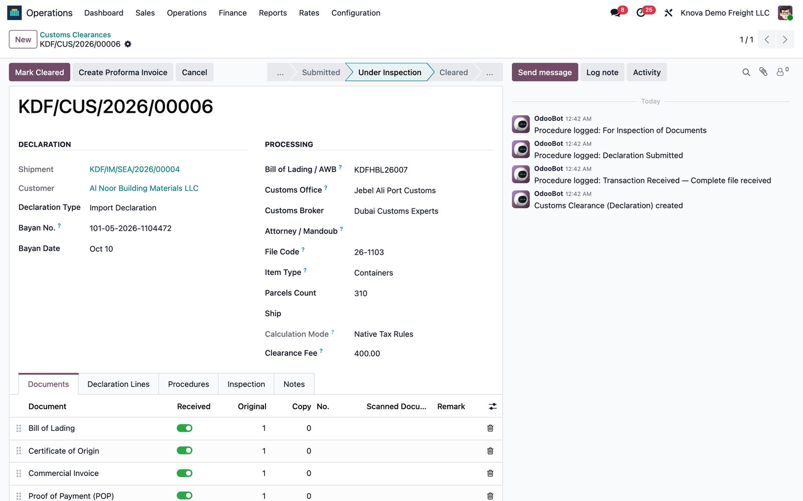 UAE customs declaration (Bayan) in Odoo with Bayan number, customs office, broker and received documents checklist