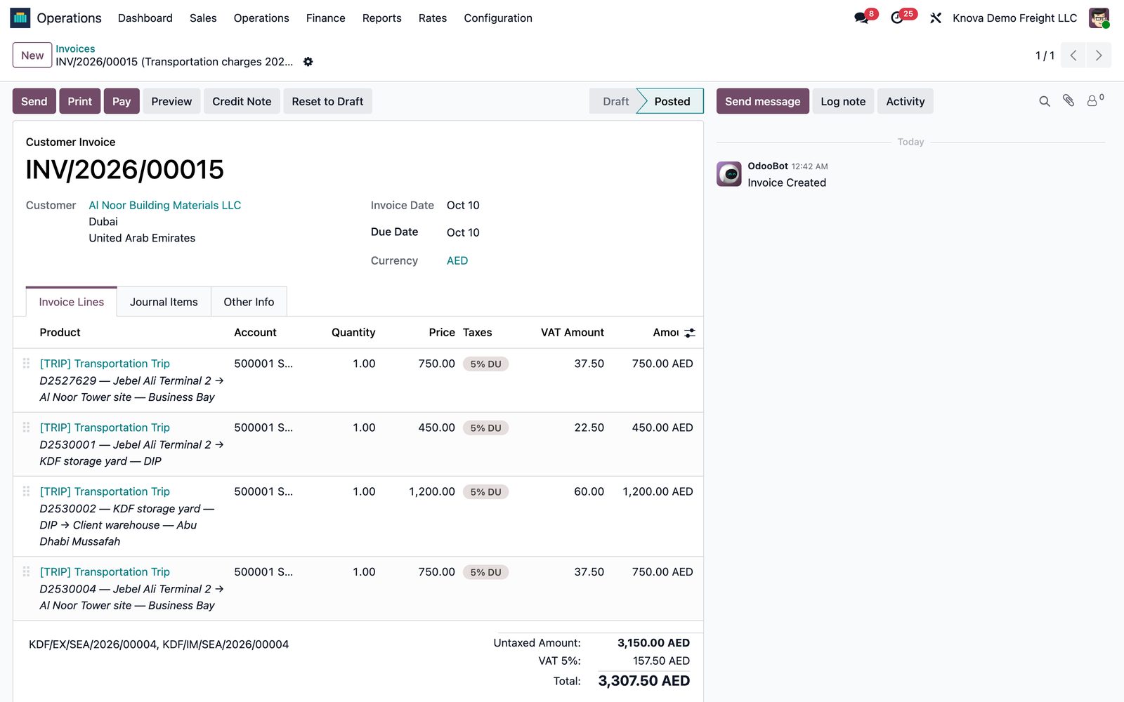 Monthly road transport invoice in Odoo with each delivery trip and waybill as a line and 5% UAE VAT