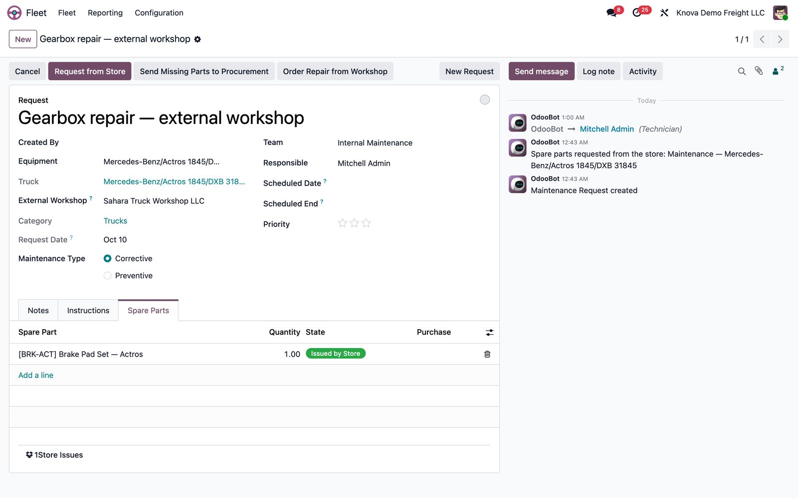 Odoo truck maintenance request for an external workshop gearbox repair with spare parts issued from the store