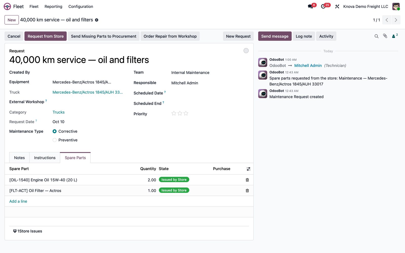Odoo 40,000 km truck service request with oil and filter spare parts issued from the store in Knova Freight